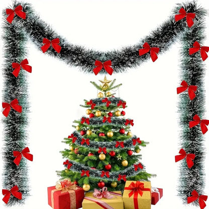 Christmas Bow & Tinsel Ribbon Garland – Green Cane Hanging Ornament for Tree, Wreaths, Parties & Holiday Décor (2025 Edition)