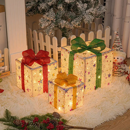 3-Piece Light-Up Christmas Gift Box Set – LED Bow Decorations with Remote Control for Tree, Party & Outdoor Display (2025 Edition)