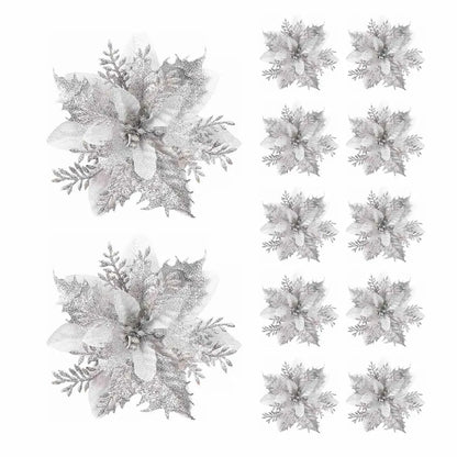 5/10 Glitter Christmas Flower Ornaments – 14.5cm Artificial Poinsettia Decorations in Pink, Red & Gold for Tree & Home (2025 Edition)