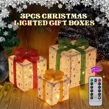 3-Piece Light-Up Christmas Gift Box Set – LED Bow Decorations with Remote Control for Tree, Party & Outdoor Display (2025 Edition)