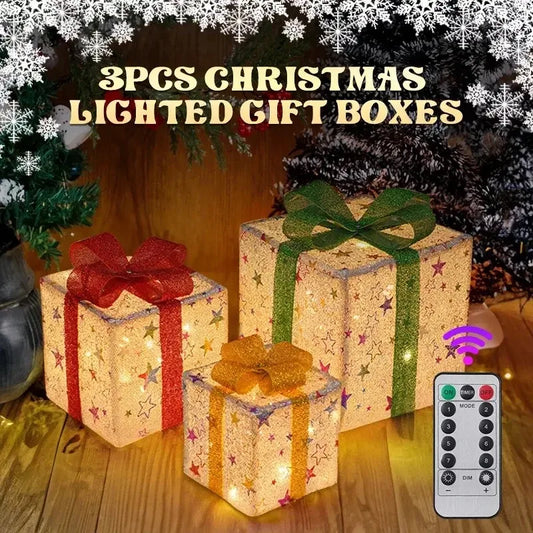 3-Piece Light-Up Christmas Gift Box Set – LED Bow Decorations with Remote Control for Tree, Party & Outdoor Display (2025 Edition)