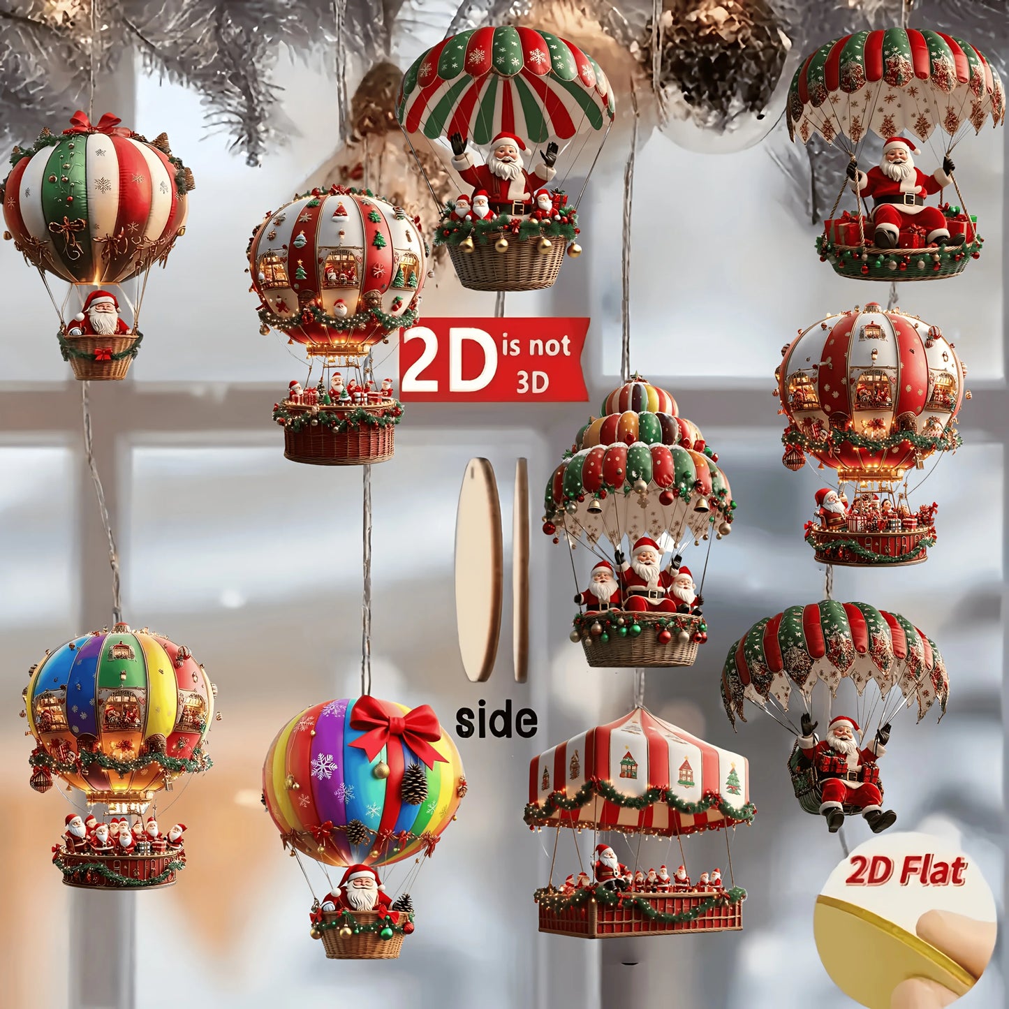 10 Wooden Hot Air Balloon Santa Ornaments – Flat Christmas Tree Pendants for Festive Home Décor & Gifting (2025 Edition)