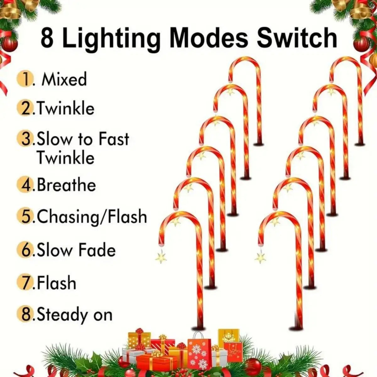 8pcs Solar Candy Cane Garden Lights – Waterproof LED Holiday Pathway Lights with 8 Functions for Christmas & New Year Décor (2025 Edition)