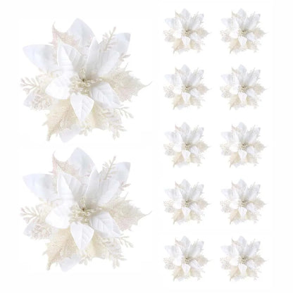 5/10 Glitter Christmas Flower Ornaments – 14.5cm Artificial Poinsettia Decorations in Pink, Red & Gold for Tree & Home (2025 Edition)