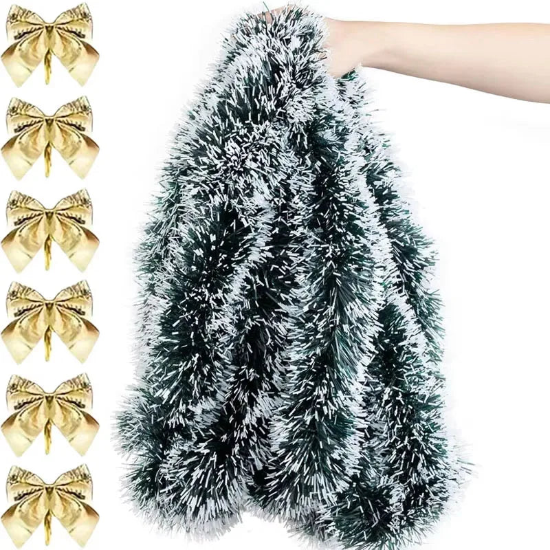 Christmas Bow & Tinsel Ribbon Garland – Green Cane Hanging Ornament for Tree, Wreaths, Parties & Holiday Décor (2025 Edition)