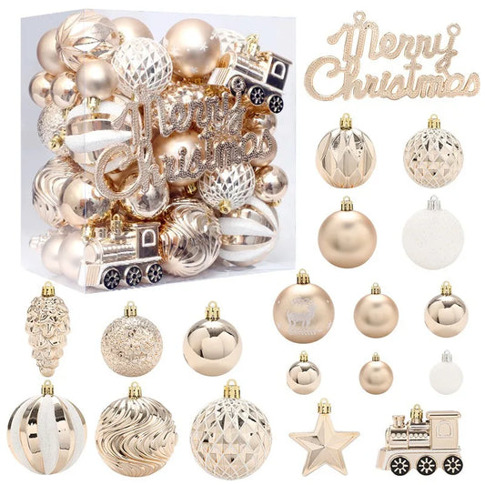 65-Piece Champagne Gold Christmas Ball Ornaments – Matte, Glossy & Textured Tree Decorations with Mixed Shapes & “Merry Christmas” Accents (2025 Edition)