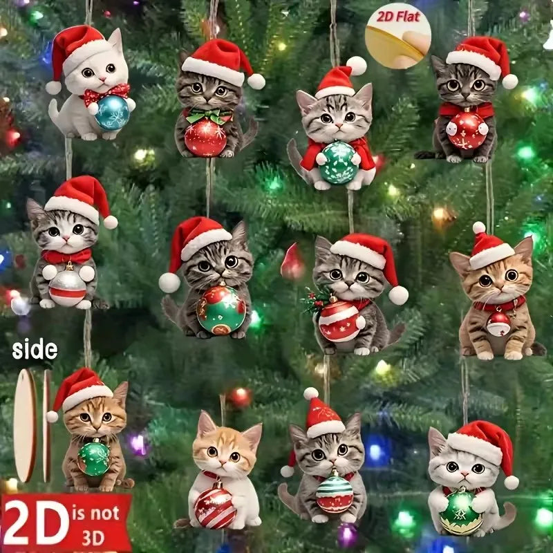 Christmas Cat Tree Ornaments – 12pcs Wooden 2D Decorations for Holiday Home & Festive Party Décor