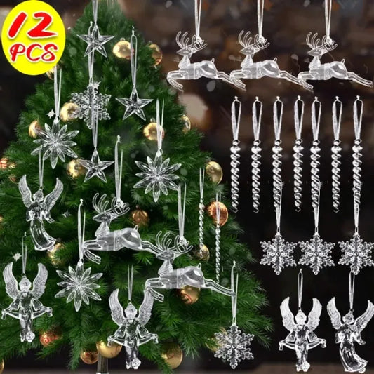 2/12-Piece Acrylic Snowflake & Icicle Ornaments – Crystal Clear Christmas Tree Pendants for Holiday & Winter Party Décor (2025 Edition)