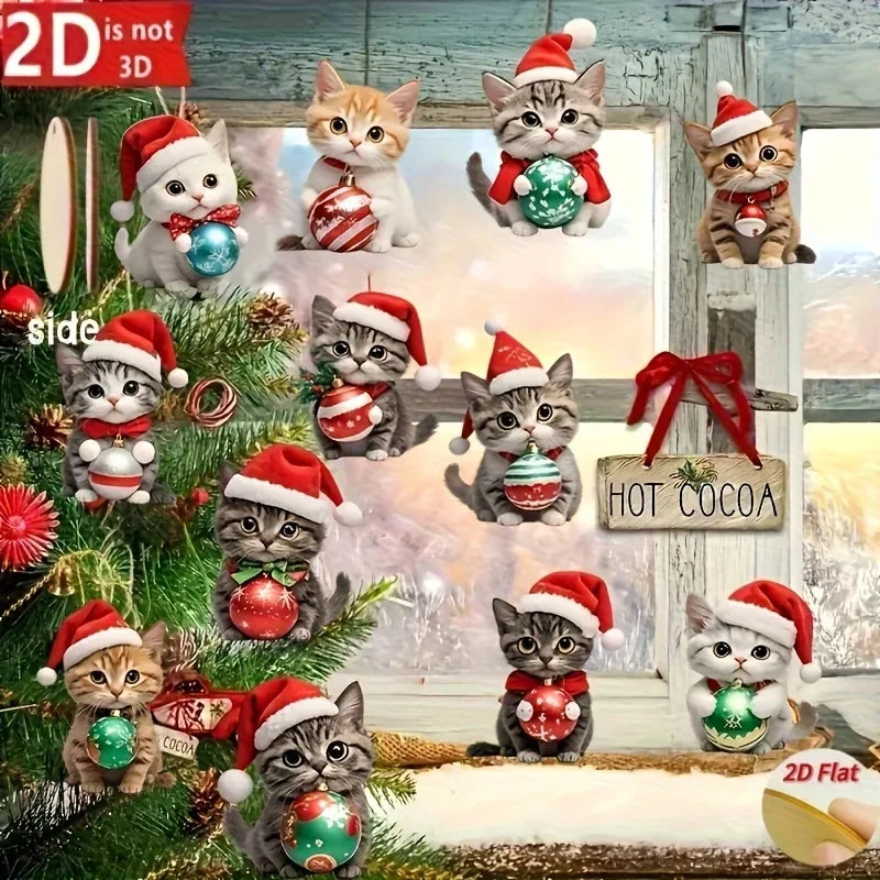 Christmas Cat Tree Ornaments – 12pcs Wooden 2D Decorations for Holiday Home & Festive Party Décor