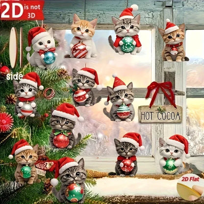 Christmas Cat Tree Ornaments – 12pcs Wooden 2D Decorations for Holiday Home & Festive Party Décor