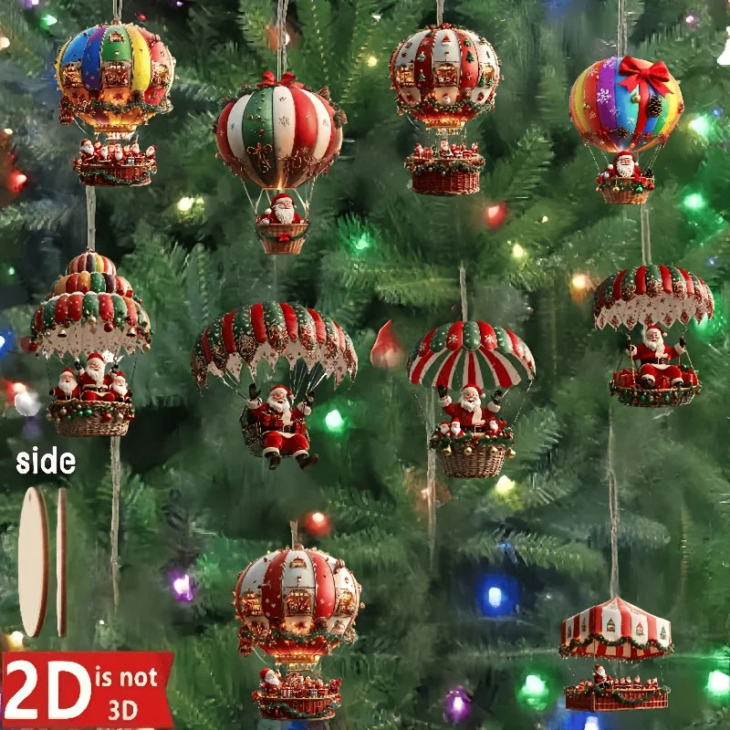 10 Wooden Hot Air Balloon Santa Ornaments – Flat Christmas Tree Pendants for Festive Home Décor & Gifting (2025 Edition)
