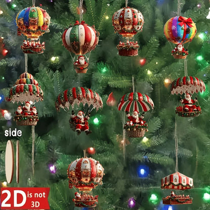 10 Wooden Hot Air Balloon Santa Ornaments – Flat Christmas Tree Pendants for Festive Home Décor & Gifting (2025 Edition)