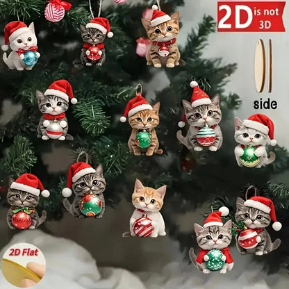 Christmas Cat Tree Ornaments – 12pcs Wooden 2D Decorations for Holiday Home & Festive Party Décor