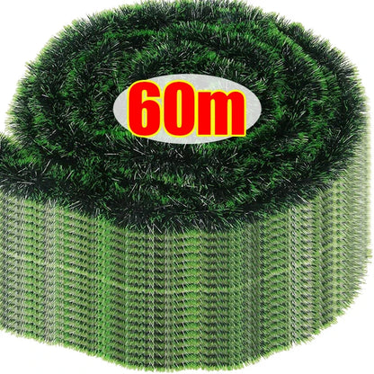 2–60M Green Christmas Tinsel Garland – Weather-Resistant Ribbon with Optional Pinecones, Berries & Lights for Indoor/Outdoor Holiday Décor (2025 Edition)
