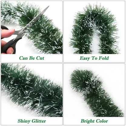 2–60M Green Christmas Tinsel Garland – Weather-Resistant Ribbon with Optional Pinecones, Berries & Lights for Indoor/Outdoor Holiday Décor (2025 Edition)