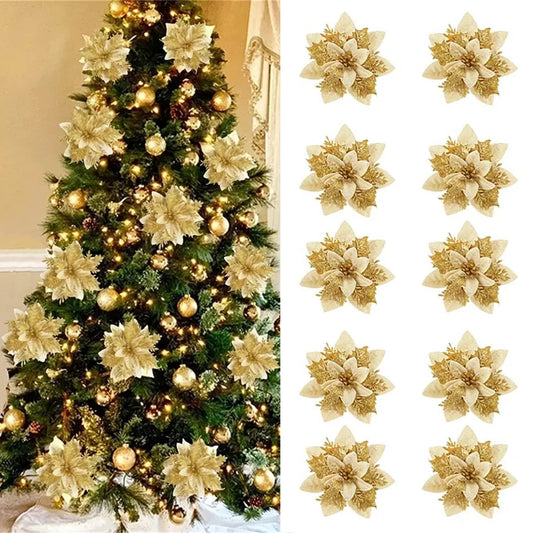 5/10 Glitter Christmas Flower Ornaments – 14.5cm Artificial Poinsettia Decorations in Pink, Red & Gold for Tree & Home (2025 Edition)