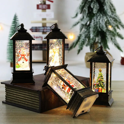 Set of decorative lanterns with Christmas scenes inside on a wooden surface.