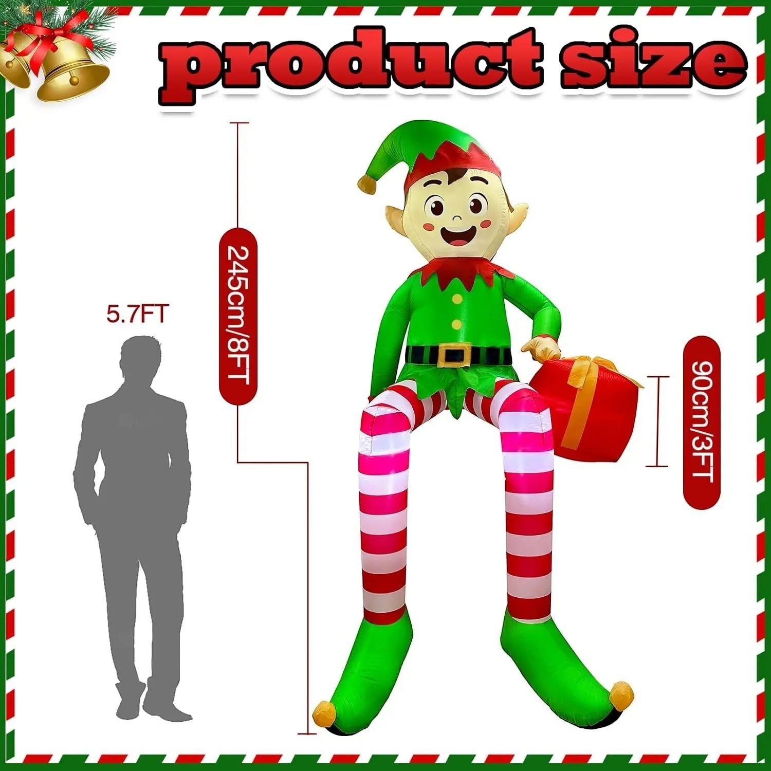 TK-H Merchandise 8ft inflatable sitting elf Christmas decoration with LED lights and a gift box, showing size scale.
