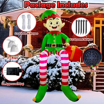 TK-H Merchandise 8ft inflatable sitting elf with LED lights, gift box, and included installation accessories for holiday decor