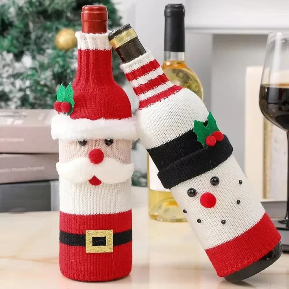 TK-H Merchandise knitted Santa and snowman wine bottle covers with festive holly accents for holiday table decor