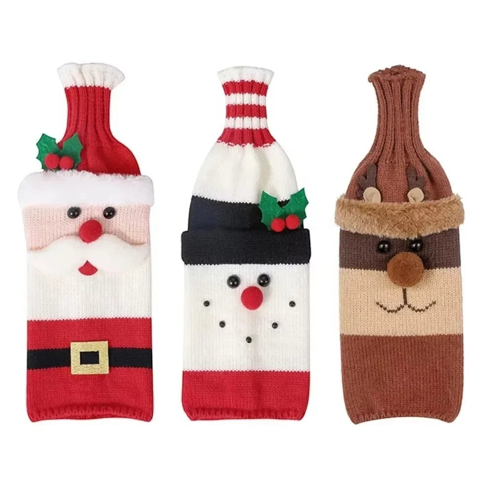 TK-H Merchandise knitted Christmas wine bottle covers featuring Santa, snowman, and elk designs in soft acrylic fibre.