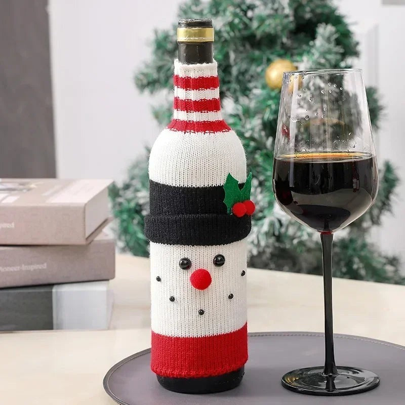 TK-H Merchandise knitted snowman wine bottle cover with red and white stripes for festive holiday table decor